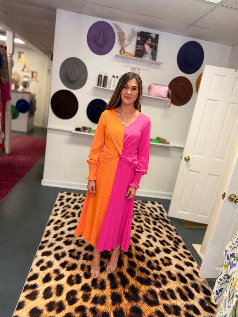 Colorblock Wrap Midi Dress - Pink & Orange